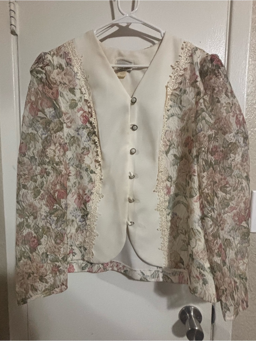 Cream Floral-Panel Blazer with Lace Trim
